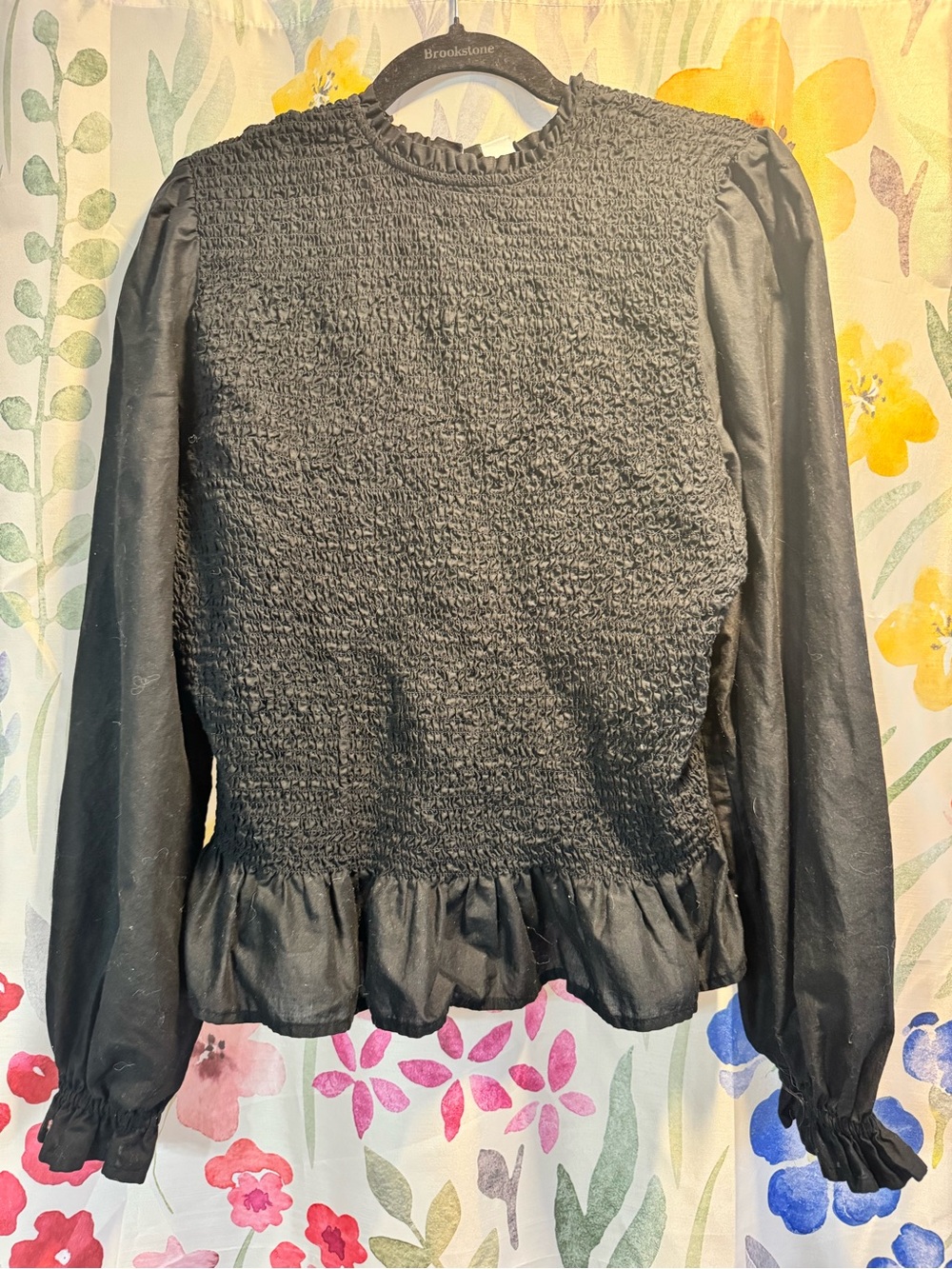 Old Navy Black Smocked Ruffle-Hem Long Sleeve Blouse